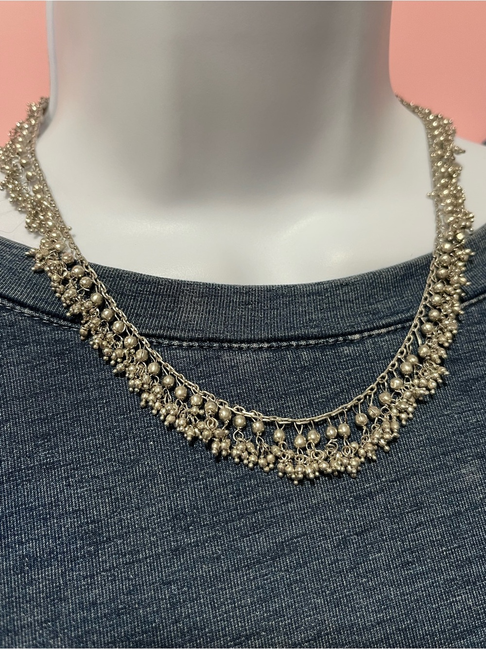 Estate Silver-Tone Beaded Fringe Necklace with Long Extender